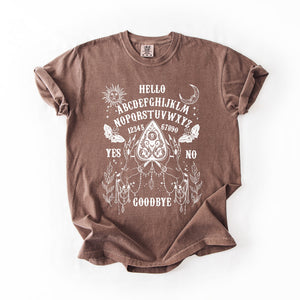 Ouija Board Spooky Tarot Halloween Witch Moonlight Seance Mystic Symbols Night Sky Hauntings Comfort Colors Tee — view 7