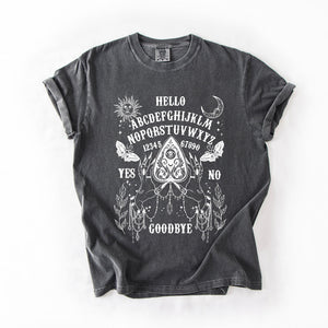 Ouija Board Spooky Tarot Halloween Witch Moonlight Seance Mystic Symbols Night Sky Hauntings Comfort Colors Tee — view 2