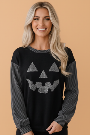 Halloween Pumpkin Rhinestone Patchwork Long Sleeve Top — view 1