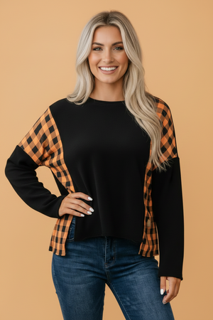 Halloween Pumpkin Gingham Patchwork Long Sleeve Top — view 1