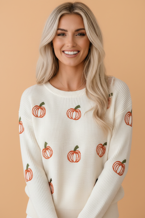 Halloween Pumpkin Embroidered Ribbed Thanksgiving Holiday Sweater — view 1