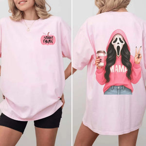 Pink Spooky Mama Halloween T-Shirt - Ghost Mama Crewneck, Fall Coffee Tee — view 1