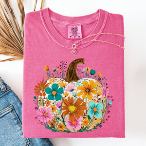 Pumpkin Floral Watercolor Leopard Print Pumpkins Bouquet Halloween Fall Comfort Colors Tee — view 1