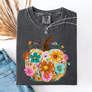 Pumpkin Floral Watercolor Leopard Print Pumpkins Bouquet Halloween Fall Comfort Colors Tee — view 4