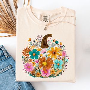 Pumpkin Floral Watercolor Leopard Print Pumpkins Bouquet Halloween Fall Comfort Colors Tee — view 3