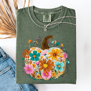 Pumpkin Floral Watercolor Leopard Print Pumpkins Bouquet Halloween Fall Comfort Colors Tee — view 5