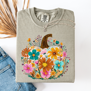 Pumpkin Floral Watercolor Leopard Print Pumpkins Bouquet Halloween Fall Comfort Colors Tee — view 2