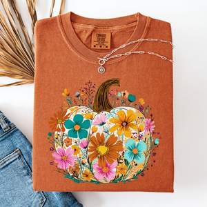 Pumpkin Floral Watercolor Leopard Print Pumpkins Bouquet Halloween Fall Comfort Colors Tee — view 6