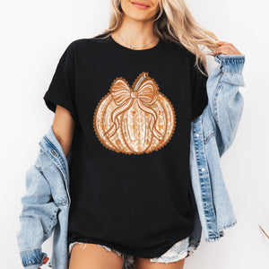 Pumpkin Faux Lace Coquette Pattern Halloween Autumn Embrace Festive Cozy Seasonal Graphic Tee — view 2