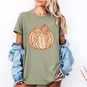 Pumpkin Faux Lace Coquette Pattern Halloween Autumn Embrace Festive Cozy Seasonal Graphic Tee — view 4