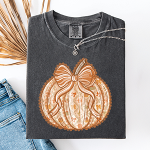 Pumpkin Faux Lace Coquette Pattern Watercolor Scene Halloween Autumn Fall Comfort Colors Tee — view 2