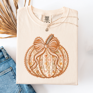 Pumpkin Faux Lace Coquette Pattern Watercolor Scene Halloween Autumn Fall Comfort Colors Tee — view 5
