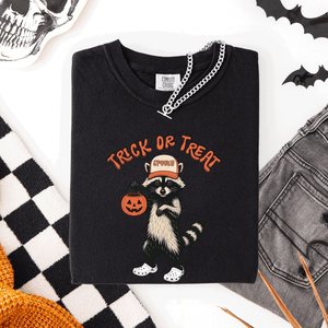 Raccoon Trick Or Treat Halloween Spooky Nighttime Illustration Artwork Comfort Colors Tee — view 4