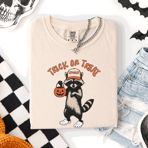 Raccoon Trick Or Treat Halloween Spooky Nighttime Illustration Artwork Comfort Colors Tee — view 1