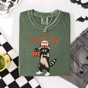 Raccoon Trick Or Treat Halloween Spooky Nighttime Illustration Artwork Comfort Colors Tee — view 2