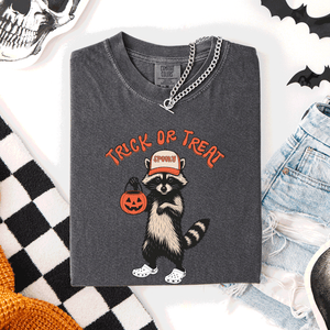 Raccoon Trick Or Treat Halloween Spooky Nighttime Illustration Artwork Comfort Colors Tee — view 3