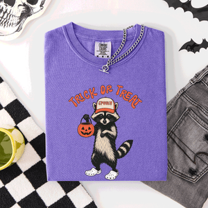 Raccoon Trick Or Treat Halloween Spooky Nighttime Illustration Artwork Comfort Colors Tee — view 7