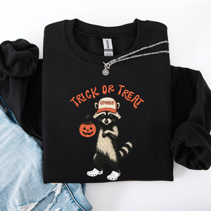 Raccoon Trick Or Treat Halloween Spooky Cozy Nighttime Autumn Theme Seasonal Fun Sweatshirt — view 5