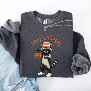 Raccoon Trick Or Treat Halloween Spooky Cozy Nighttime Autumn Theme Seasonal Fun Sweatshirt — view 7