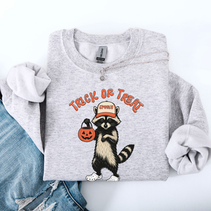 Raccoon Trick Or Treat Halloween Spooky Cozy Nighttime Autumn Theme Seasonal Fun Sweatshirt — view 2