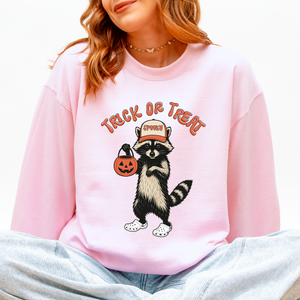 Raccoon Trick Or Treat Halloween Spooky Cozy Nighttime Autumn Theme Seasonal Fun Sweatshirt — view 4