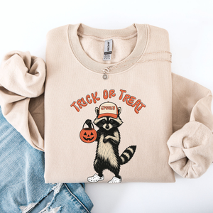 Raccoon Trick Or Treat Halloween Spooky Cozy Nighttime Autumn Theme Seasonal Fun Sweatshirt — view 1