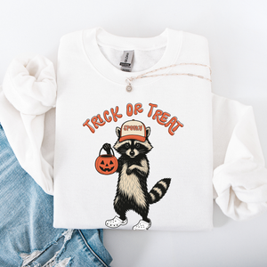 Raccoon Trick Or Treat Halloween Spooky Cozy Nighttime Autumn Theme Seasonal Fun Sweatshirt — view 6