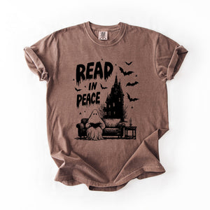 Read In Peace Ghost Haunted Halloween Spooky Bookish Library BookTok Comfort Colors Tee — view 5
