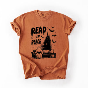 Read In Peace Ghost Haunted Halloween Spooky Bookish Library BookTok Comfort Colors Tee — view 1
