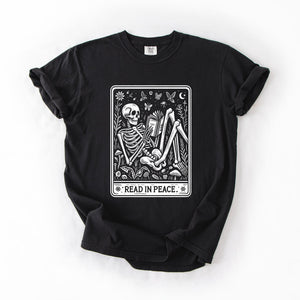 Read In Peace Halloween Skeleton Tarot Books Library Spooky Edition Comfort Colors Tee — view 5