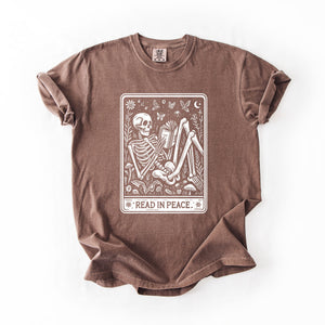 Read In Peace Halloween Skeleton Tarot Books Library Spooky Edition Comfort Colors Tee — view 6