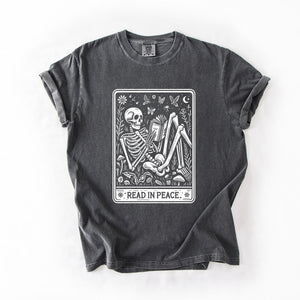 Read In Peace Halloween Skeleton Tarot Books Library Spooky Edition Comfort Colors Tee — view 1