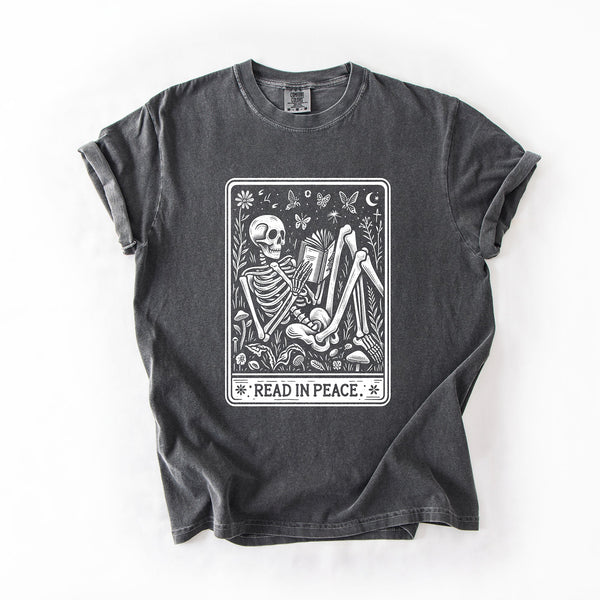 Read In Peace Halloween Skeleton Tarot Books Library Spooky Edition Comfort Colors Tee