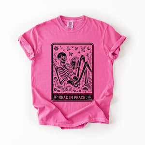 Read In Peace Halloween Skeleton Tarot Books Library Spooky Edition Comfort Colors Tee — view 8