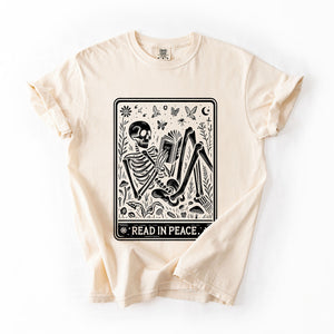 Read In Peace Halloween Skeleton Tarot Books Library Spooky Edition Comfort Colors Tee — view 7
