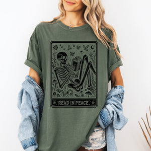 Read In Peace Halloween Skeleton Tarot Books Library Spooky Edition Comfort Colors Tee — view 3