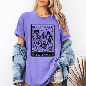 Read In Peace Halloween Skeleton Tarot Books Library Spooky Edition Comfort Colors Tee — view 9