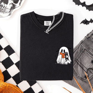 Reading Ghost Cat Funny Halloween Book Library Pocket Edition Comfort Colors Tee — view 6