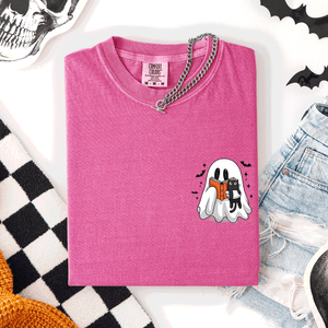 Reading Ghost Cat Funny Halloween Book Library Pocket Edition Comfort Colors Tee — view 3