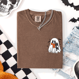 Reading Ghost Cat Funny Halloween Book Library Pocket Edition Comfort Colors Tee — view 7