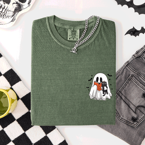 Reading Ghost Cat Funny Halloween Book Library Pocket Edition Comfort Colors Tee — view 4