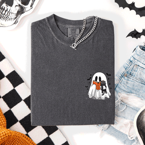 Reading Ghost Cat Funny Halloween Book Library Pocket Edition Comfort Colors Tee — view 2