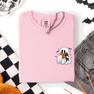 Reading Ghost Cat Funny Halloween Book Library Pocket Edition Comfort Colors Tee — view 9
