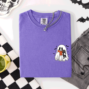 Reading Ghost Cat Funny Halloween Book Library Pocket Edition Comfort Colors Tee — view 5
