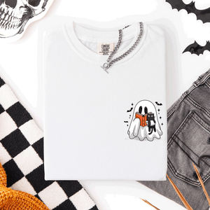 Reading Ghost Cat Funny Halloween Book Library Pocket Edition Comfort Colors Tee — view 10