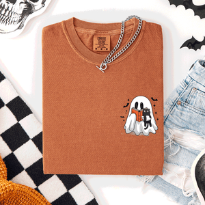 Reading Ghost Cat Funny Halloween Book Library Pocket Edition Comfort Colors Tee — view 1