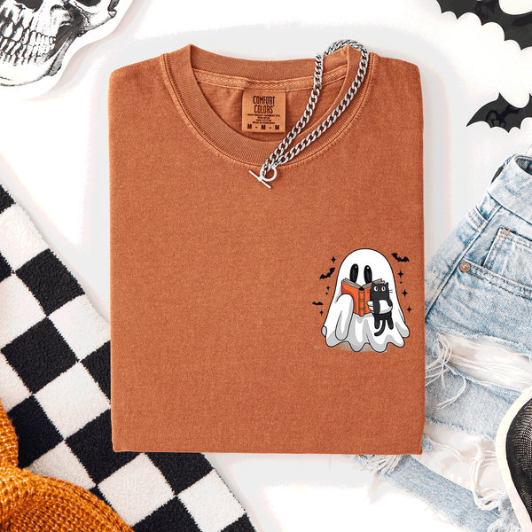 Reading Ghost Cat Funny Halloween Book Library Pocket Edition Comfort Colors Tee