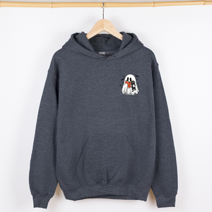 Reading Ghost Cat Pocket Bookish Halloween Library Cozy Spooky Night Graphic Hoodie — view 1