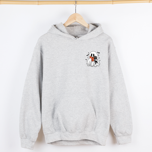 Reading Ghost Cat Pocket Bookish Halloween Library Cozy Spooky Night Graphic Hoodie — view 3