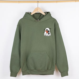 Reading Ghost Cat Pocket Bookish Halloween Library Cozy Spooky Night Graphic Hoodie — view 2